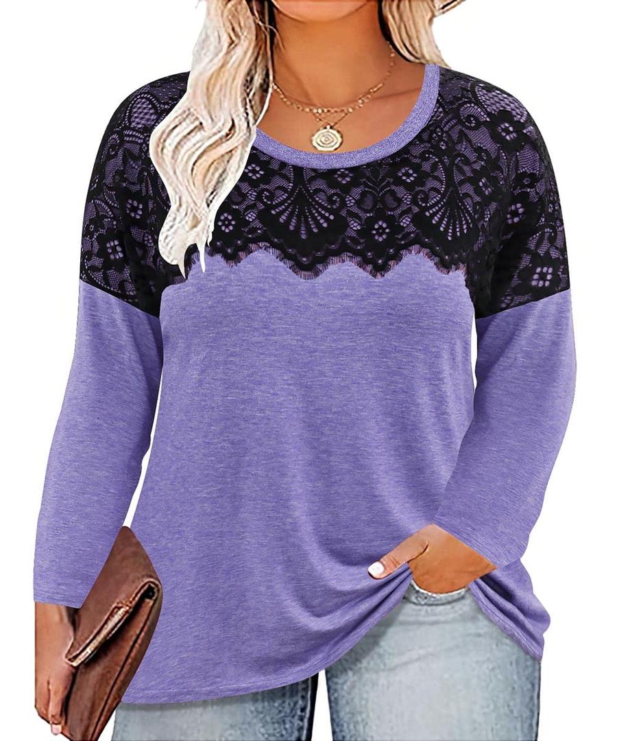 TIYOMI Plus Size Tops Long Sleeve Black Lace Dressy Casual T-shirt Fall Lightweight Sweatshirt Tunics Pullover 2XL