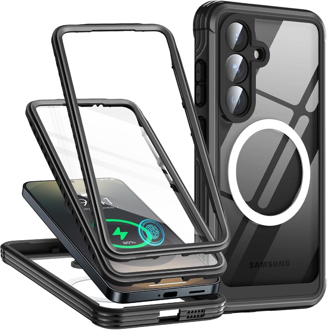 TLIKEMISS Magnetic for Samsung Galaxy S25 Plus Case with HD Screen Protector, Compatible with Magsafe, Military Grade Protection, 9H Tempered Glass Screen Full Body Shockproof Phone Cover 6.7", Black