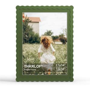 12x16 Picture Frame with Mat for 11x14, Wavy Edge Wooden Real Glass Photo Frame for Wall Hanging, Green, 1 Pack