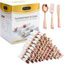 50 Pack Pre Rolled Rose Gold Plastic Silverware Set with Napkins,Disposable Wrapped Heavy Duty Cutlery Set for Wedding Birthday Party-50 Forks,Knives,Spoons,Utensils Set,Plasticware Bulk (50Pack, Rose Gold)