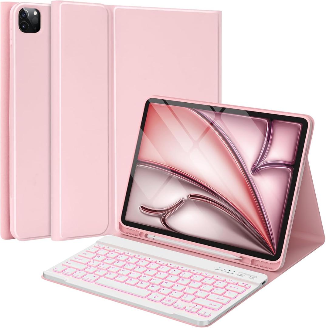 BQSS for iPad Air 13 Inch Case Keyboard (M3/M2, 2025/2024) & iPad Pro 12.9 inch (6th/5th/4th/3rd Gen), 7 Colors Backlit Wireless Detachable Folio Keyboard Cover with Pencil Holder (Light Pink)