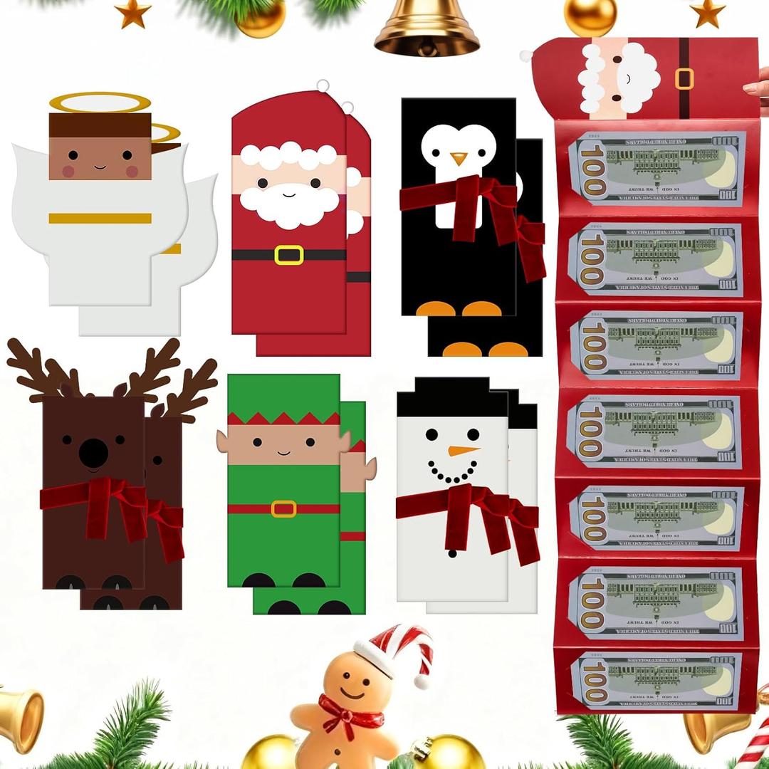 12 Pcs 2026 New Christmas Money Envelope 7 Slots for Cash, 3D Irregular 6 Styles Christmas Money Gift Surprise Card Holder, Xmas Decor Gift Envelopes Supplies for Men Women