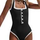 Saodimallsu Womens One Piece Swimsuit Vintage Ribbed Slimming High Cut Color Block Button Square Neck Bathing Suit S