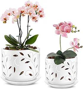 EFISPSS Orchid Pot with Holes, 5+6Inch Ceramic Plant Pots with Drainage Holes and Tray, Promoting Air Circulation and Drainage, Indoor/Outdoor White Flower Pots