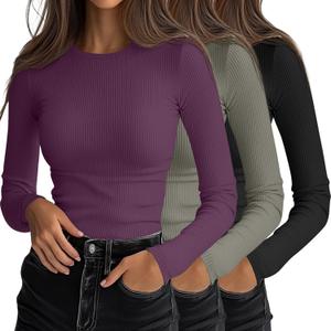 Ficerd 3 Pack Women's Ribbed Long Sleeve Tops, Crew Neck Slim Fit Undershirts Knit Basic Casual Stretch Layering Tee Shirts (XXL)