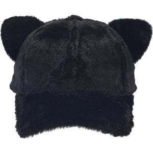 Fuzzy Faux Fur Baseball Cap for Women Girls Cute Cat Ears Winter Warm Baseball Hat Trucker Dad Hats (One Size, Black)