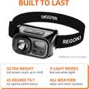 REGOKI LED Headlamp Rechargeable - Super Bright Head Lamp with 9 Modes for Camping & Hiking Gear Essentials, IP44 Waterproof Headlight Flashlight with Red Light, USB Cable Included