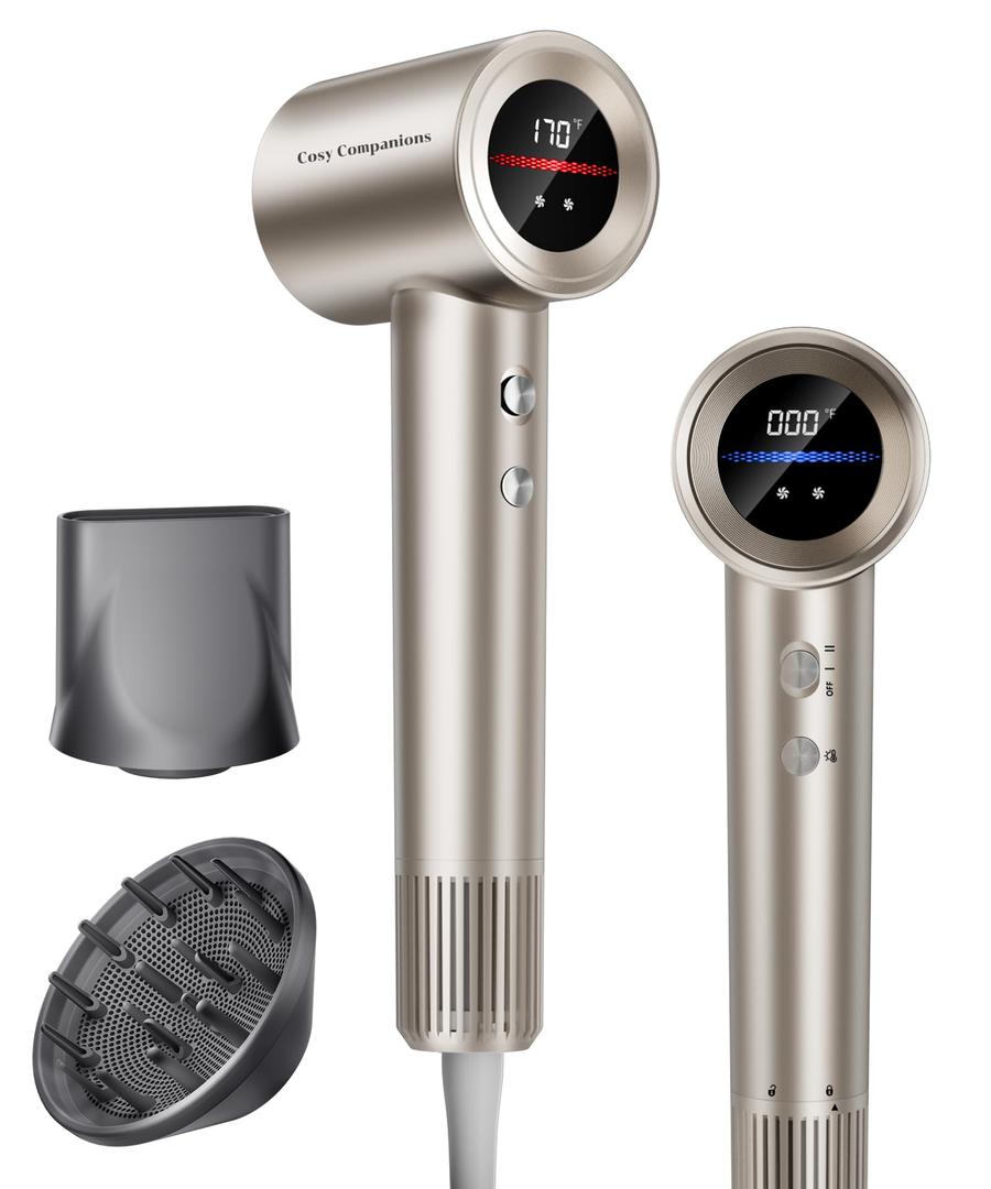 Cosy Companions Hair Dryer - Negative Ionic Blow Dryer with 150000 RPM High Speed Brushless Motor for Fast Drying, Low Noise, HD Display Hair Dryer with Diffuser and Nozzle, 5 Temps & 2 Speeds