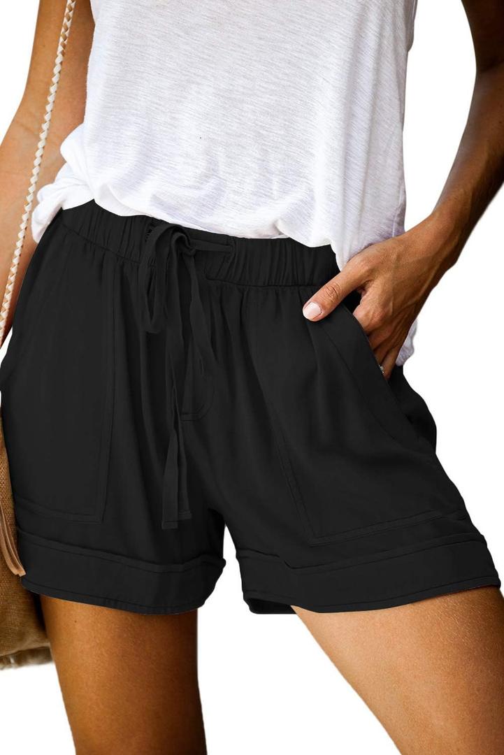 QUEEN PLUS Womens Casual Shorts Comfy Elastic Waist Drawstring Pocket Shorts Pants (Medium, 1-black)