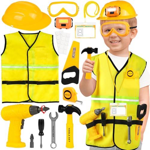 HUUIDY Construction Worker Costume for Kids, Toddler Dress Up Clothes with Kids Tool Set, Construction Vest & Hat, Helmet Light, Electric Drill, Toddler Costumes Pretend Play Toys for Boys Gift Age 4+