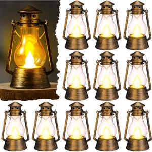 Ferraycle 12 Pcs Mini Lantern for Centerpiece Western Wedding Decor 4 Inch Camping Decorative with LED Candle Vintage Hanging Lantern Ornaments Bulk for Cowboy Cowgirl Xmas Party Decoration (Bronze)