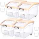 Sunnyray 4 Pcs Rice Storage Containers Bulk Flour Sugar Container Wheels Measuring Cups Set Airtight Pet Dog Cat Birds Food Bin Grain Cereal Organizer Box for Dry Baking(Beige,28 lb)