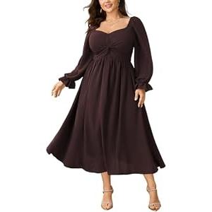 SCOMCHIC Women's Plus Size Wedding Guest Cocktail Dresses Fall Sweetheart Neckline Long Sleeve A Line Formal Maxi Dress Brown (XL)