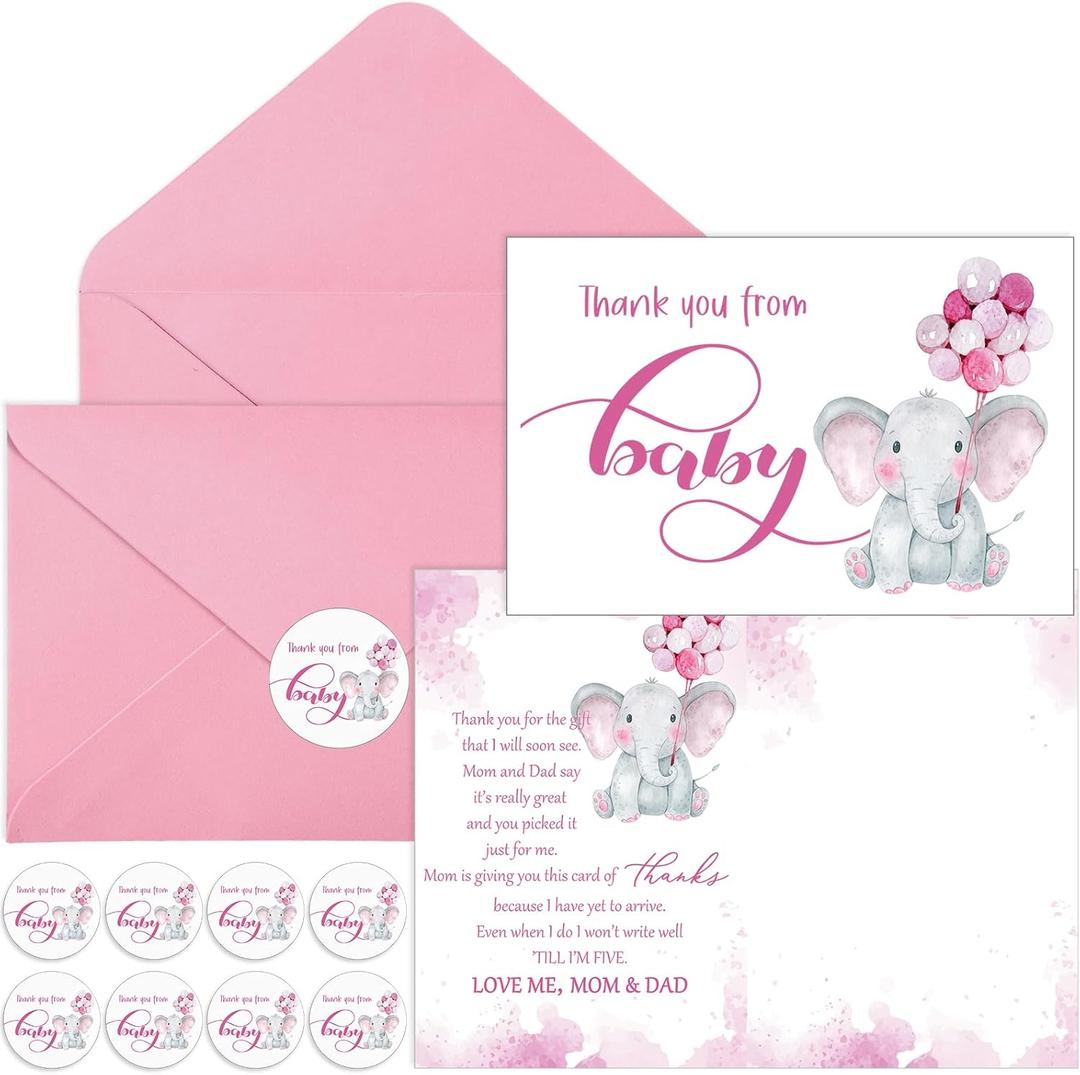 Zhanmai 50 Sets Baby Shower Thank You Gift Cards 50 Elephant Themed Baby Shower Thank You Notes with 50 Envelopes and 50 Stickers for Boys Girls Gender Reveal Party(Pink)