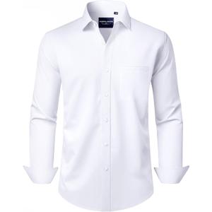 Alimens & Gentle Men's Dress Shirts Long Sleeve Wrinkle-Free Stretch Shirts Solid Formal Button Down Shirt with Pocket (White, L)