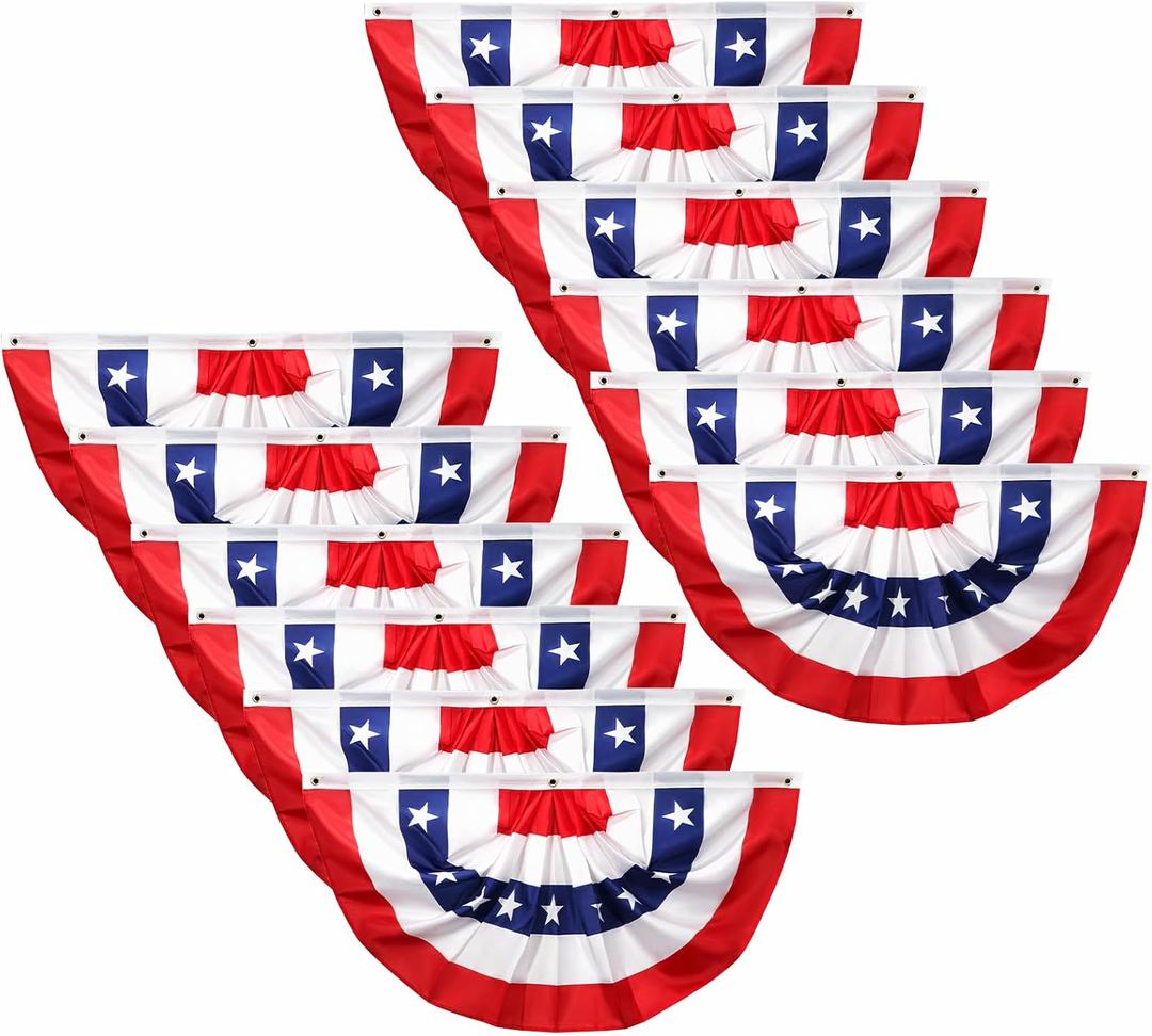 4th of July Decorations Outdoor, 1.5X 3Ft USA Patriotic Pleated Fan Flag, American Bunting Flag for Outside, Patriotic Half Fan Banner for Independence Day Memorial Day and Labour Day, 12PCS