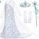 Luxury Princess Dress Costumes with Shining Long Cape Girls Birthday Party (5-6 Years, White-02)