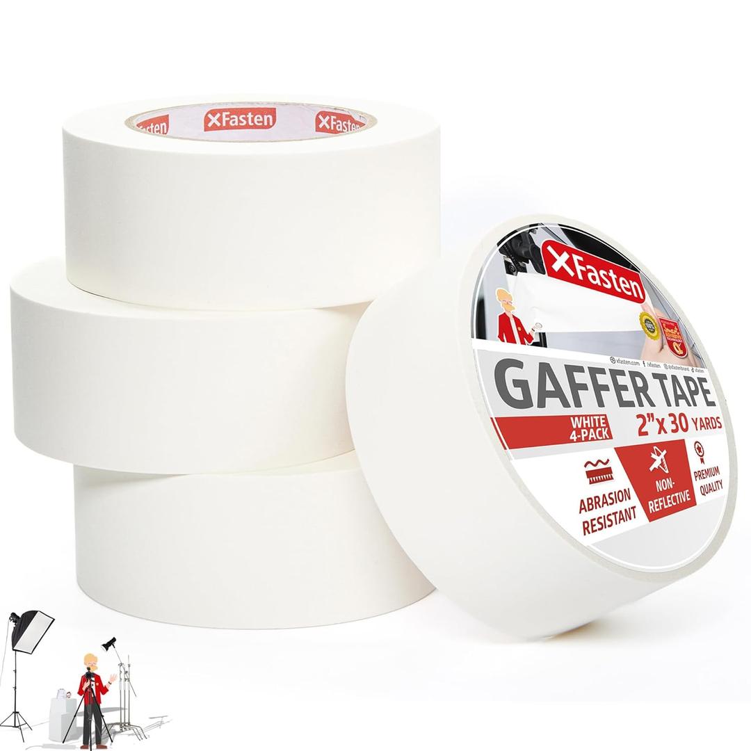 XFasten White Gaffers Tape 2 Inch x 30 Yards, Residue-Free Strong Adhesion (4-Pack 360-feet Total) Non-Reflective Cloth Matte White Tape for Walls, Cords, Bookbinding, Console, Photography
