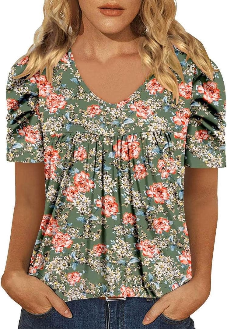 Onlypuff Womens T Shirts Dressy Casual Pleated Tunic Boho Floral Blouse Fashion Summer Outfits Short Sleeve Tops Round Neck GreenOrange L