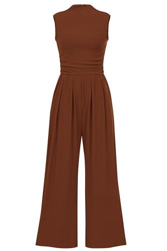 PRETTYGARDEN Womens Summer Jumpsuits Dressy Casual One Piece Outfits Sleeveless Mock Neck Wide Leg Pants Rompers with Pockets (Brown,Small)