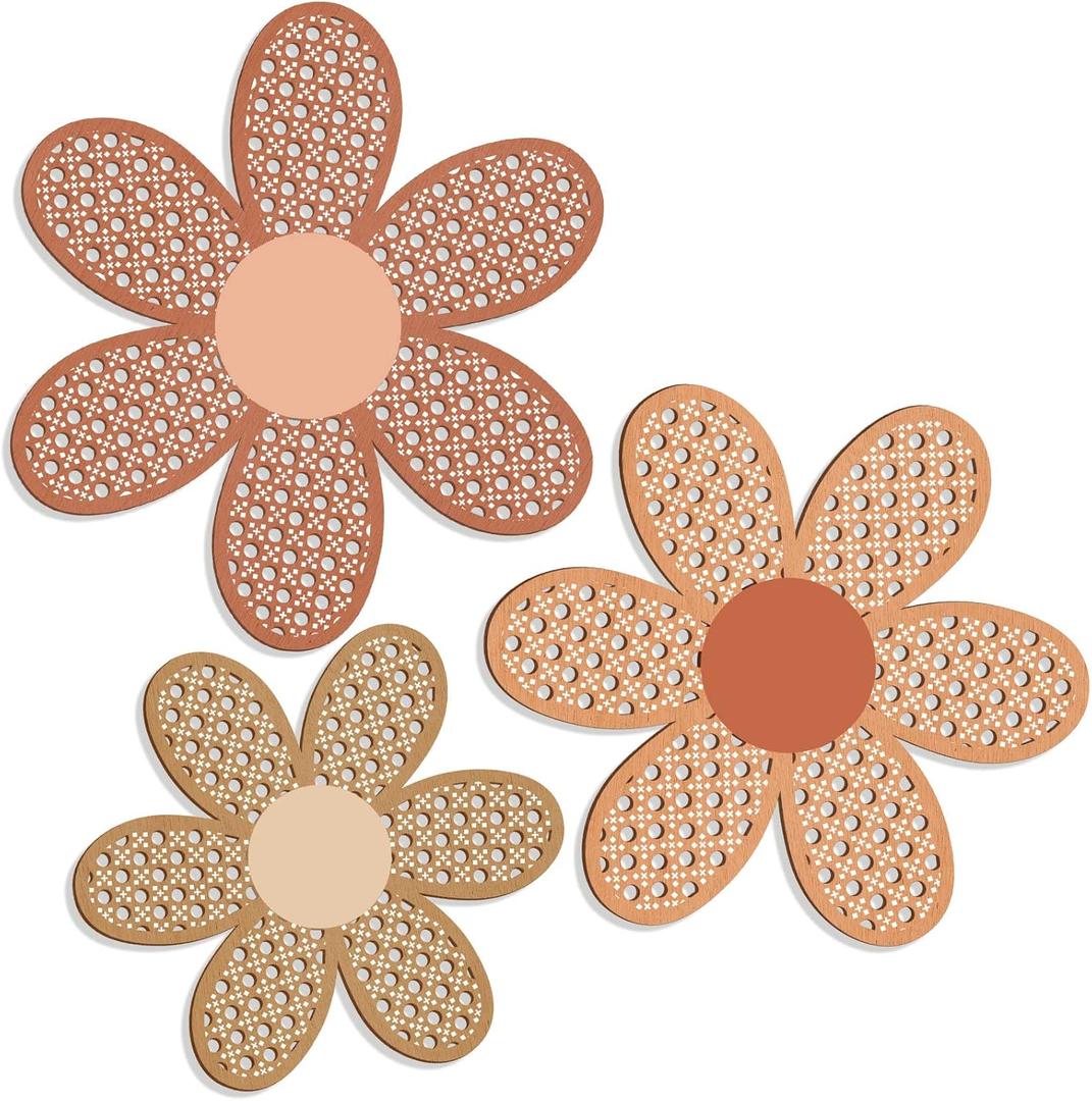 Maitys 3 Pieces Boho Daisy Wall Decor Natural Rattan Flower Wall Hanging Art Wooden Boho Art Nursery Flowers Farmhouse Hanging Decor for Home Office Nursery(Fresh Color)