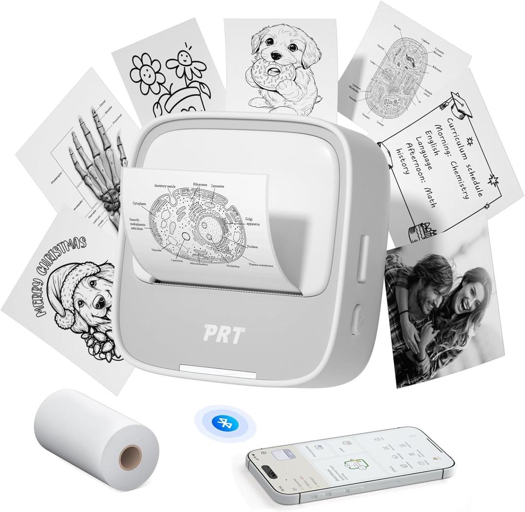 PRT Sticker Printer, Mini Thermal Printer Bluetooth Portable Sticker Maker with 1 Roll Paper, Print Pod, for Study Notes, Pictures, Labels, DIY, Multiple Templates for Phones & Tablets (White)