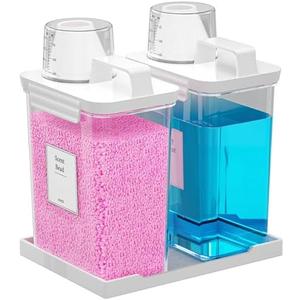 Hordely 61OZ Laundry Detergent Dispenser Container, 2 Pack Liquid Laundry Dispenser, Plastic Detergent Dispensers for Laundry Powder/Fabric Softener with Labels/Tray, Clear