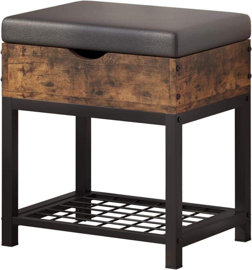 Shoe Storage Bench with Padded Seat, Vintage Brown Leather Top & Metal Frame, Small Shoe Rack for Kids, Waterproof Durable Hallway Seat