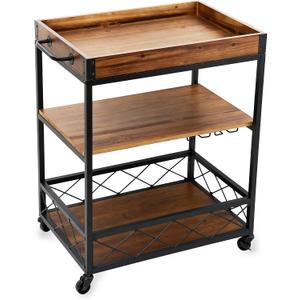 Twine Modern Manor Bar Cart, Wheeled Rustic Industrial Portable Serving Cart with Removable Tray for Liquor, Glassware, and Wine, Wood, Metal, Set of 1