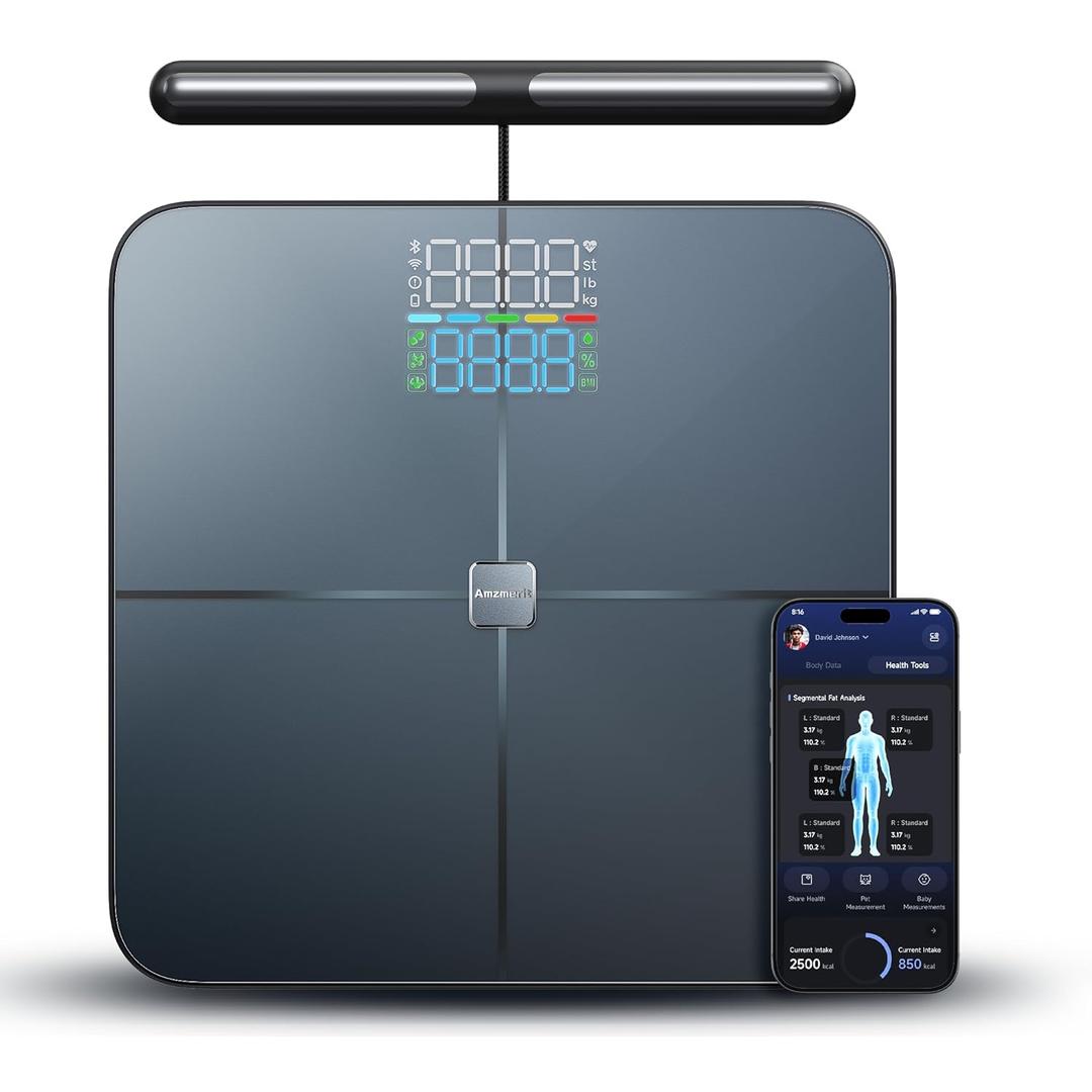 Smart Scale for Body Weight, 8-Electrode Larger Platform Digital Scale for Weight Fat BMI 28 Body Composition Measurement, Bluetooth Bathroom Smart Scales, Rechargeable, Wi-Fi Compatible