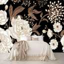 Wall Mural Peonies and Roses Floral Vintage Wallpaper Seamless Gold White Flowers Wall Coverings for Living Room Bedroom Kids RoomNot Peel and Stick (151" x 105")