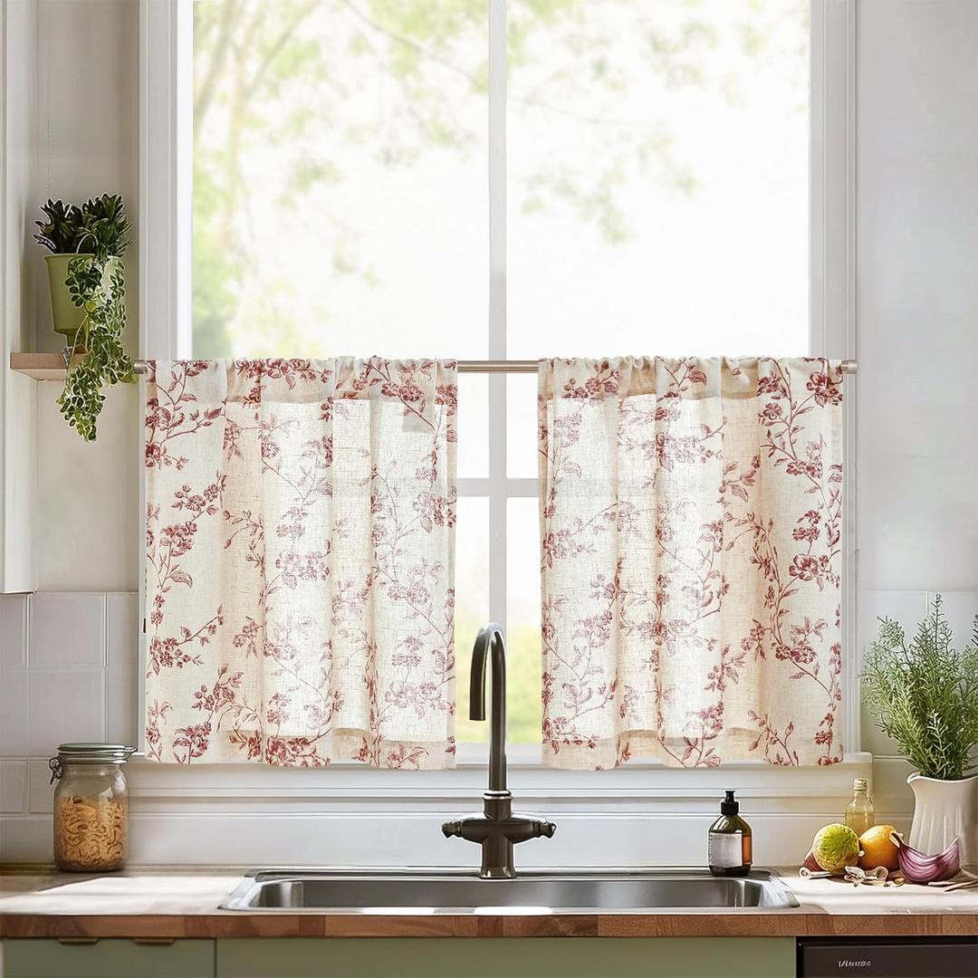 jinchan Floral Kitchen Curtains 24 Inch Linen Tier Curtains Farmhouse Cafe Half Window Drapes Over Sink Light Filtering for Living Room Laundry RV Rod Pocket 2 Panels Maroon Red on Beige