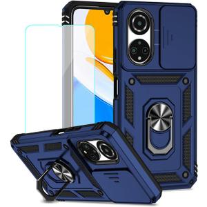 Case for Honor X7 Case, CMA-LX2 CMA-LX1 Case with Tempered Glass Screen Protector and Slide Camera Cover, 360 Rotate Ring Stand Magnetic Cover for Huawei Honor X7 Blue