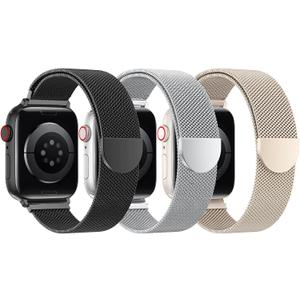 BELONGME 3 Pack Mesh Loop Compatible with Apple Watch Bands for Women Men 40mm 41mm 38mm 42mm 44mm 45mm 49mm 46mm Series 11 10 9 8 7 6 5 4 Ultra3 SE3 2, Stainless Steel Metal Magnetic Strap for iWatch