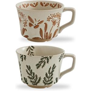 12oz Vintage Ceramic Coffee Mug Set of 2 - Handmade Stoneware Pottery Countryside Farmhouse Fall Autumn Tea Mugs with Big Handle for Latte,Cocoa,Dishwasher & Microwave Safe Cups (Plants)