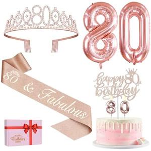 80th Birthday Decorations for Women, Include 80th Birthday Sash and Tiara, Cake Topper and Candles, Number Balloons, Greeting Card, 80 Year Old Gifts for Women