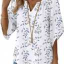Zeagoo Womens Top 3/ 4 Sleeve V Neck Bohemian Peasant Blouses Casual Loose Fit Tunic Trendy Flowy Tops Blue Leaf XL