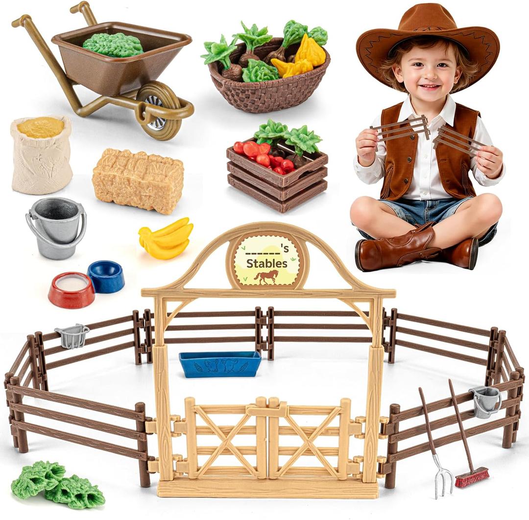 36PCS Farm Toys for Kids, Realistic Horse Stable Playset with Fence & Gate, Mini Hay Bales, Kids Wheelbarrow, Vegetables, Fruits, Educational Farm Horse Toys for Toddlers Boys Girls Age 3+