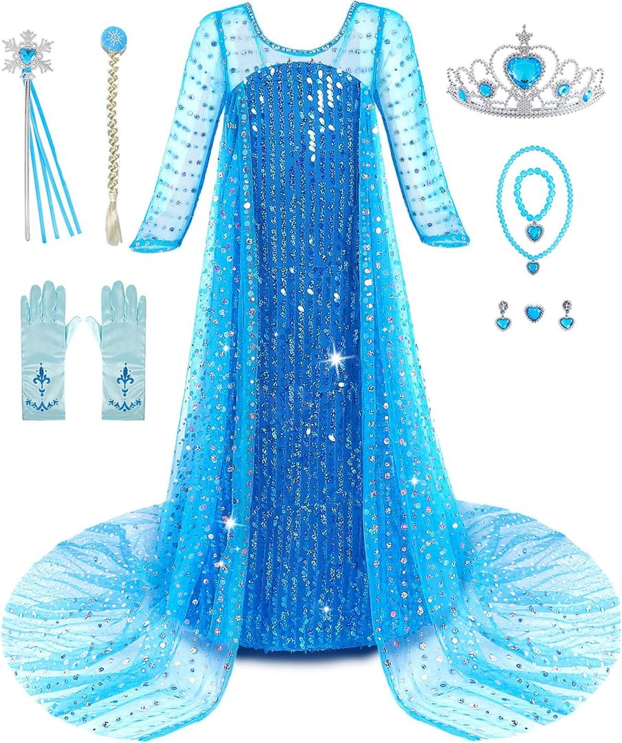 Aoiviss Princess Dresses for Girls Luxury Sequin Princess Costume Kids Fancy Dress up for Halloween Carnival Party Cosplay (9-10/150, Blue)