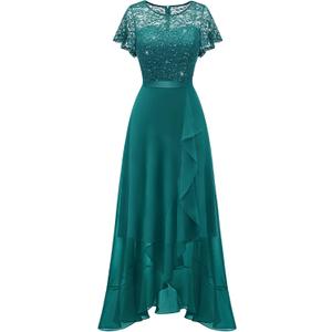 BeryLove Formal Dresses for Women 2026 Wedding Guest with Slit Cocktail Elegant Lace Long Prom Dress (Teal, XL)