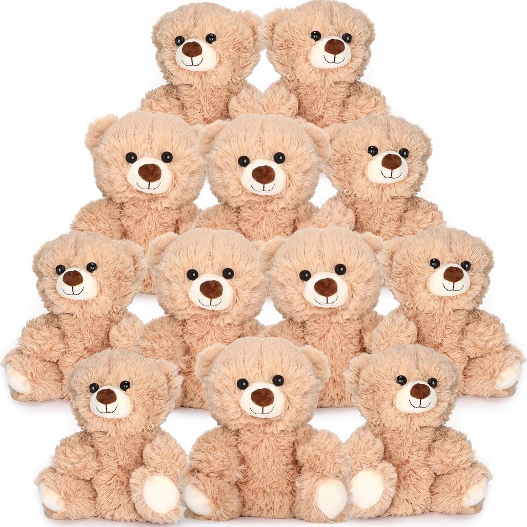 HyDren 12 Pcs 10 Inch Stuffed Animal Bear Bulk Soft Light Brown Small Stuffed Cute Bear Plush Toy for Girls Boys Birthday Party Baby Shower Party Favors