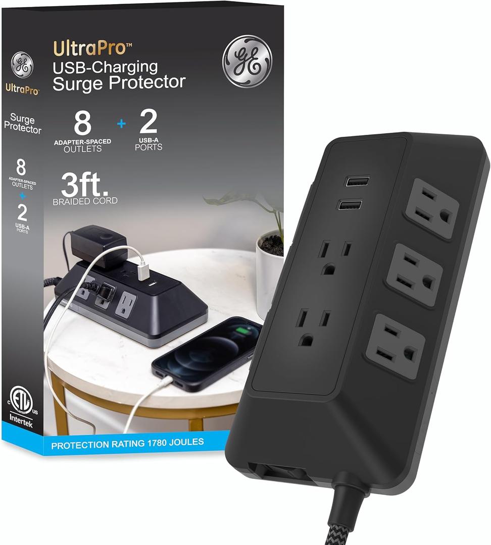 GE UltraPro Adapt 8-Outlet Surge Protector with USB Ports, 2 USB-A Ports, 2.4A, 3ft Braided Cord Power Strip Surge Protector, 1780 Joules, Black, 73776