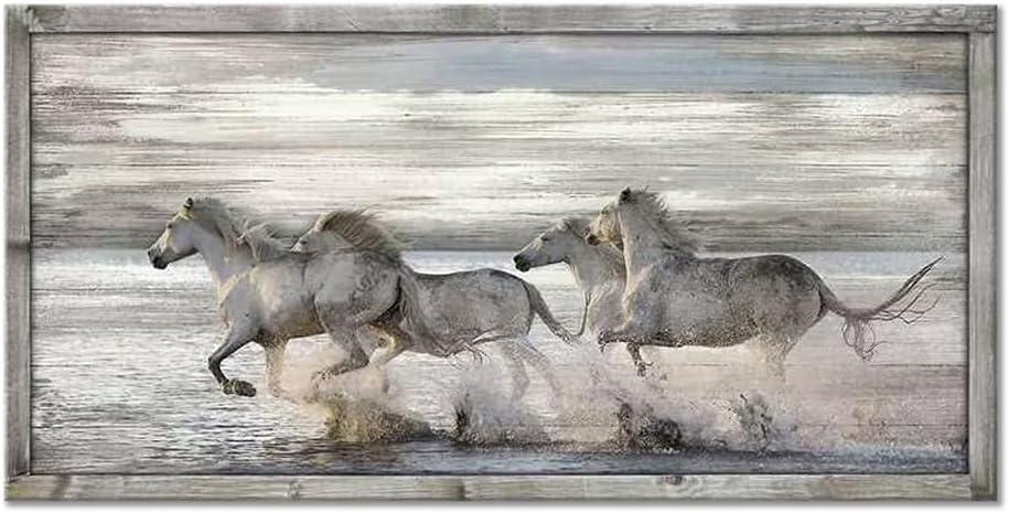 UTOP-art Horse Pictures Wall Art Framed: Running Animal Horses Print on Textured Natural Wood with Handcrafts Rustic Sturdy Framed Artwork for Living Room Decor (48'' x 24'' x 1 Panel)