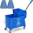 MATTHEW Cleaning Blue 22Quart Compact Mop Bucket INCL.2 Pcs Mop Head with Side Press Wringer On Wheels,Tandem Portable Floor Cleaning Wavebrake,Ideal for Household,Industrial,Restaurant,Janitorial Use