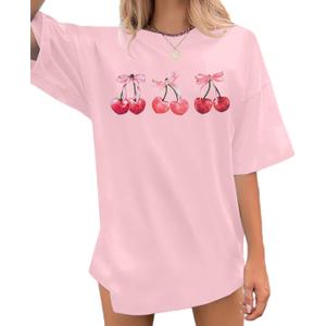 Pink Bow Cherries Shirt Women: Coquette Tops Clean Girl Aesthetic Shirts Casual Summer Short Sleeve Tshirt (X-Large)