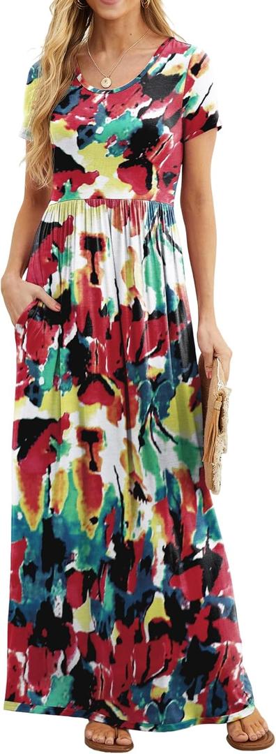 GRECERELLE Women Summer Casual Maxi Long Dress Short Sleeve Crew Neck with Pockets, Size S-3XL (M)