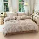 Nayoroom Brown Gingham Comforter Set Queen Size Tan White Plaid Checkered Comforter 3 Pieces Soft Lightweight Grid Dorm Bedding Set for All Seasons