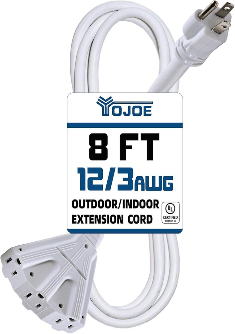 YOJOE 3-Outlets Indoor Outdoor Extension Cord, 3 Prong 15A Weatherproof Power Cord Multiple Outlets, 12 Gauge Heavy Duty 8 ft White Extension Cord for Garage, Garden, 12/3 SJTW UL Listed