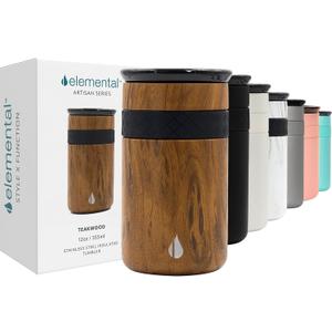 Elemental Artisan Insulated Tumbler, Triple Wall Coffee Travel Mug, Reusable Stainless Steel Coffee Tumbler with Ceramic Lid, Thermal Coffee Cups for Hot (6 Hrs) & Cold (18 Hrs), 12oz - Teak Wood