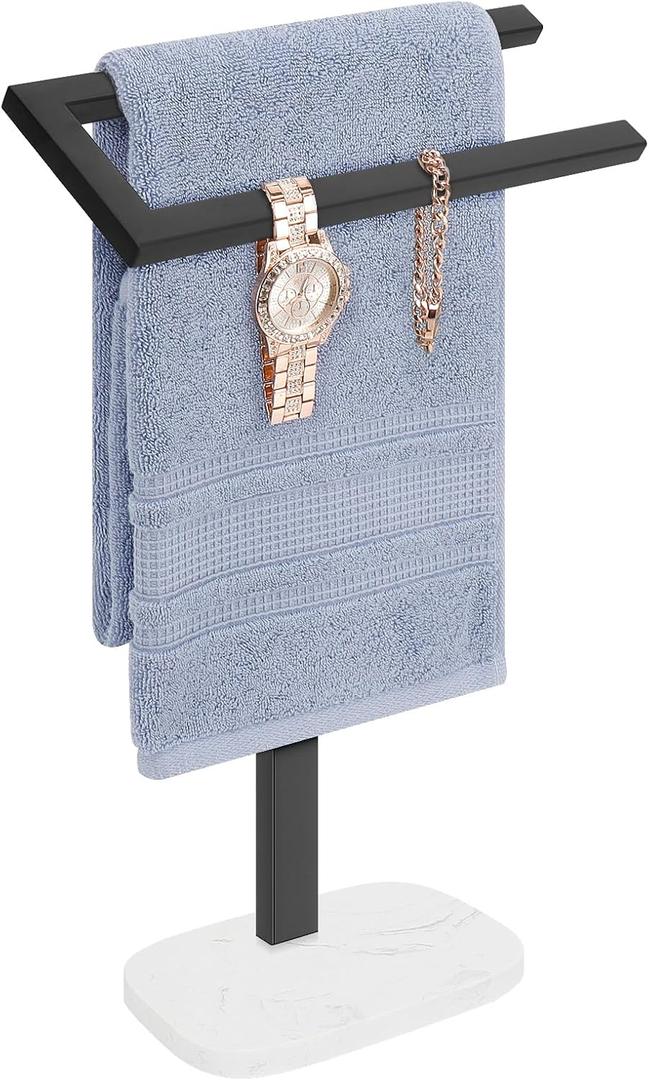 Livabber Standing Hand Towel Holder, 304 Stainless Steel Hand Towel Rack Stand with Heavy Marble Base, Bath Accessories, Towel Ring for Bathroom Kitchen Countertop, 14 Inch (Black)